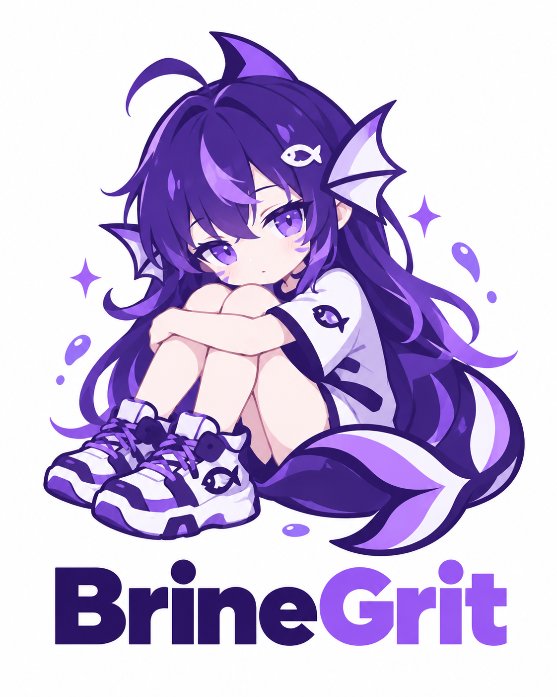 BrineGrit 紫发鱼鳍耳角色坐姿插画